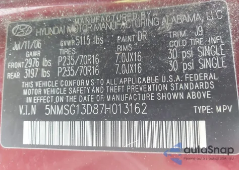 2007 Hyundai Santa Fe Gls z USA, uszkodzony, nr VIN 5NMSG13D87H013162